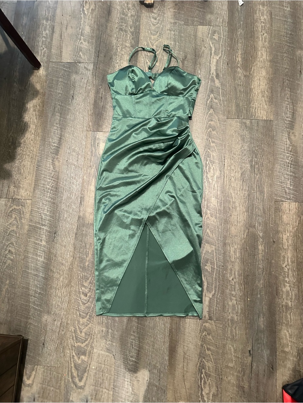 Emerald Satin Midi Dress with Ruched Wrap Skirt